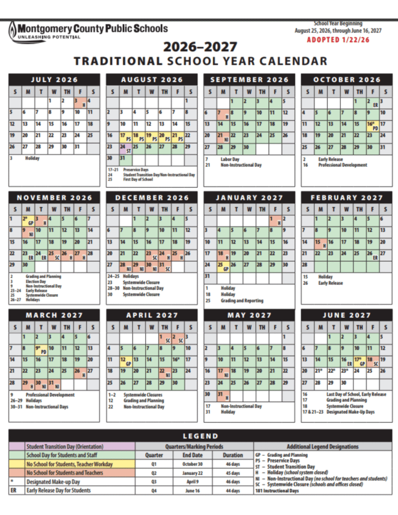 Montgomery County Public Schools Calendar 2026-2027 Printable PDF