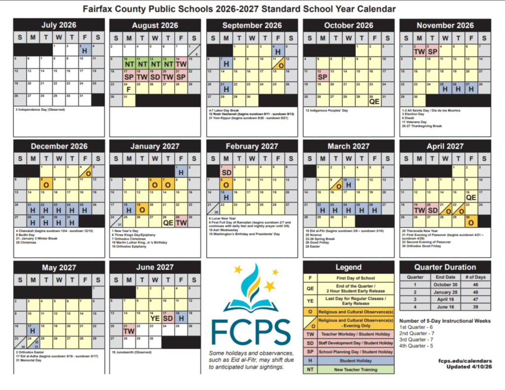 Fairfax County Public School District Calendar 2026-2027 Printable PDF