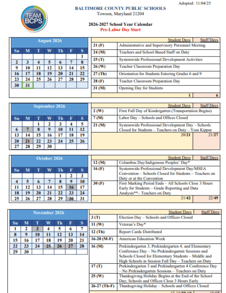 Baltimore County Public Schools Calendar 2026-2027 Printable PDF