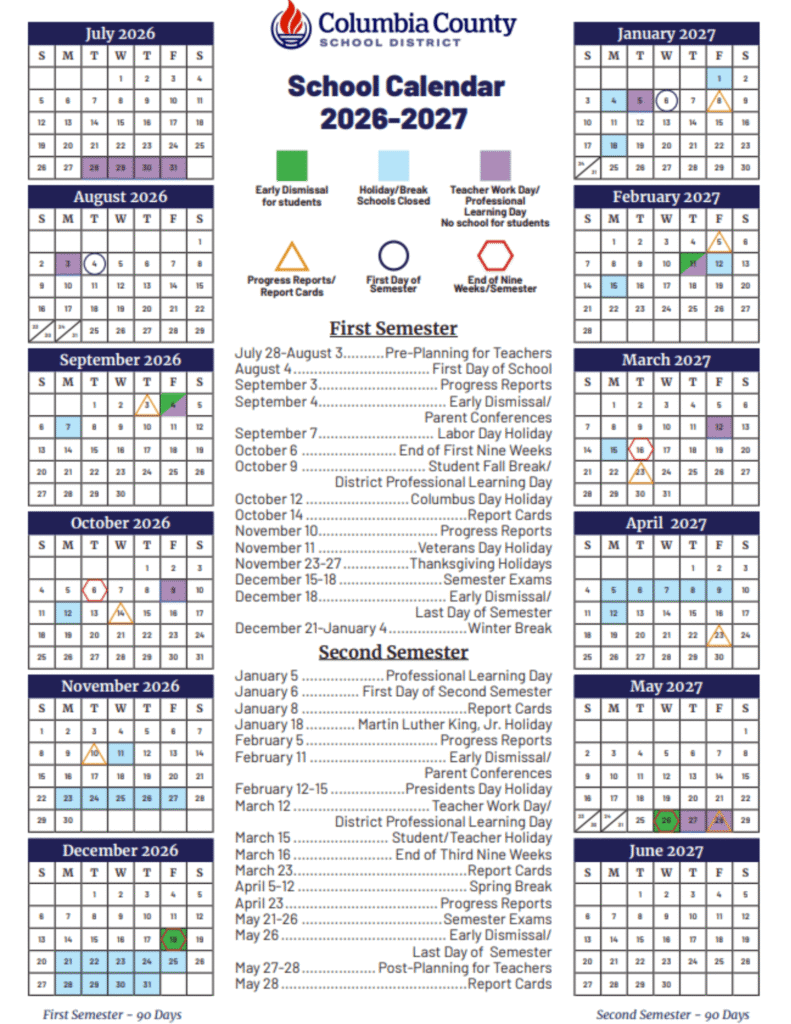 Columbia County School District Calendar 2026-2027 Printable PDF
