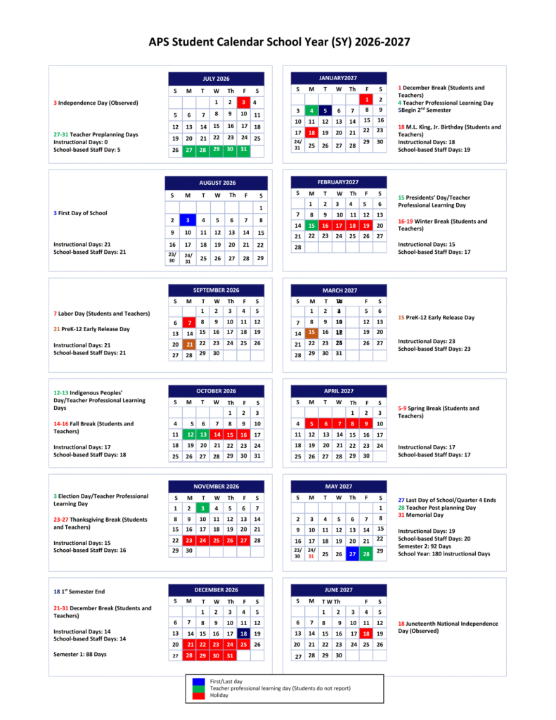 Atlanta Public Schools Calendar 2026-2027 Printable PDF
