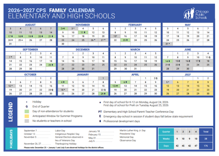 CPS Chicago Public Schools Calendar 2026-2027 Printable PDF