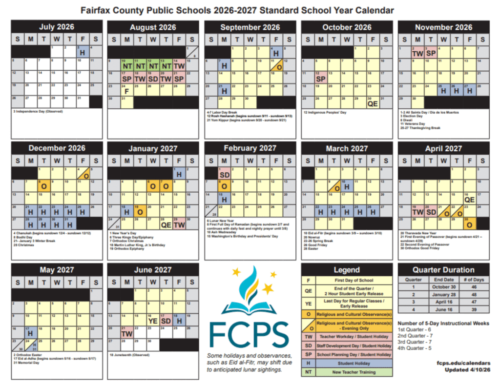 Fairfax County Public Schools Calendar 2026-2027 Printable PDF
