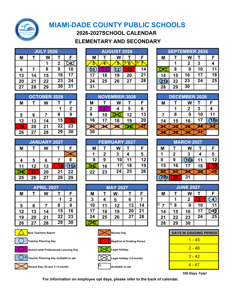 Miami-Dade County Public Schools Calendar 2026-2027 Printable PDF