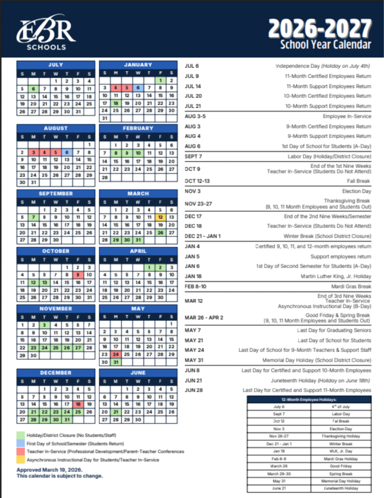 Baton Rouge School Calendar 2026-2027 | Printable PDF