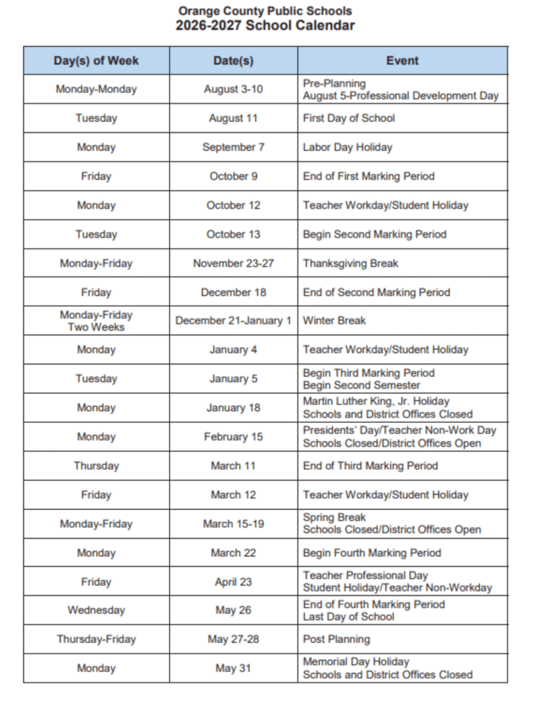 Orange County Public School Calendar 2026-2027 | Printable PDF