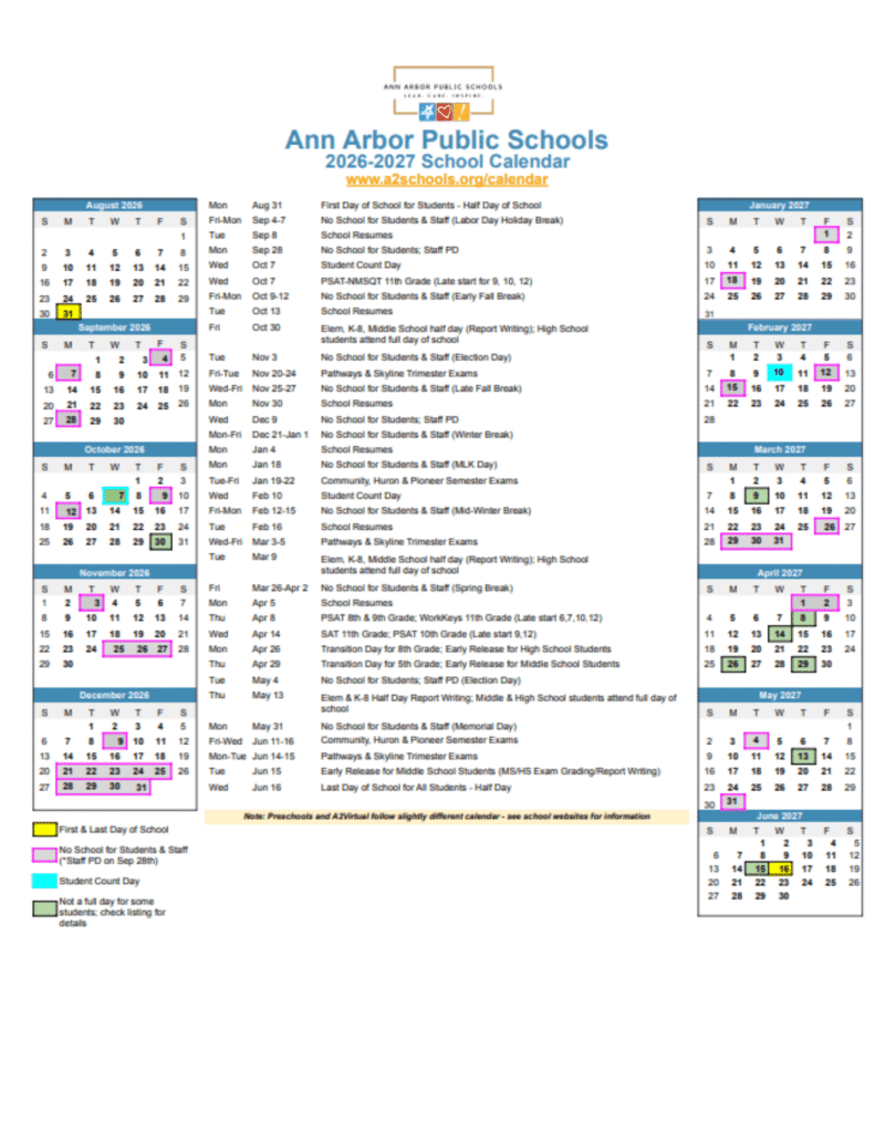 Ann Arbor Public School Calendar 2026-2027 | Printable PDF