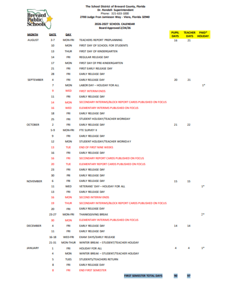 Brevard Public School District Calendar 2026–2027 | Printable PDF