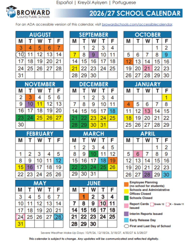 Broward County Public School District Calendar 2026–2027 | Printable PDF