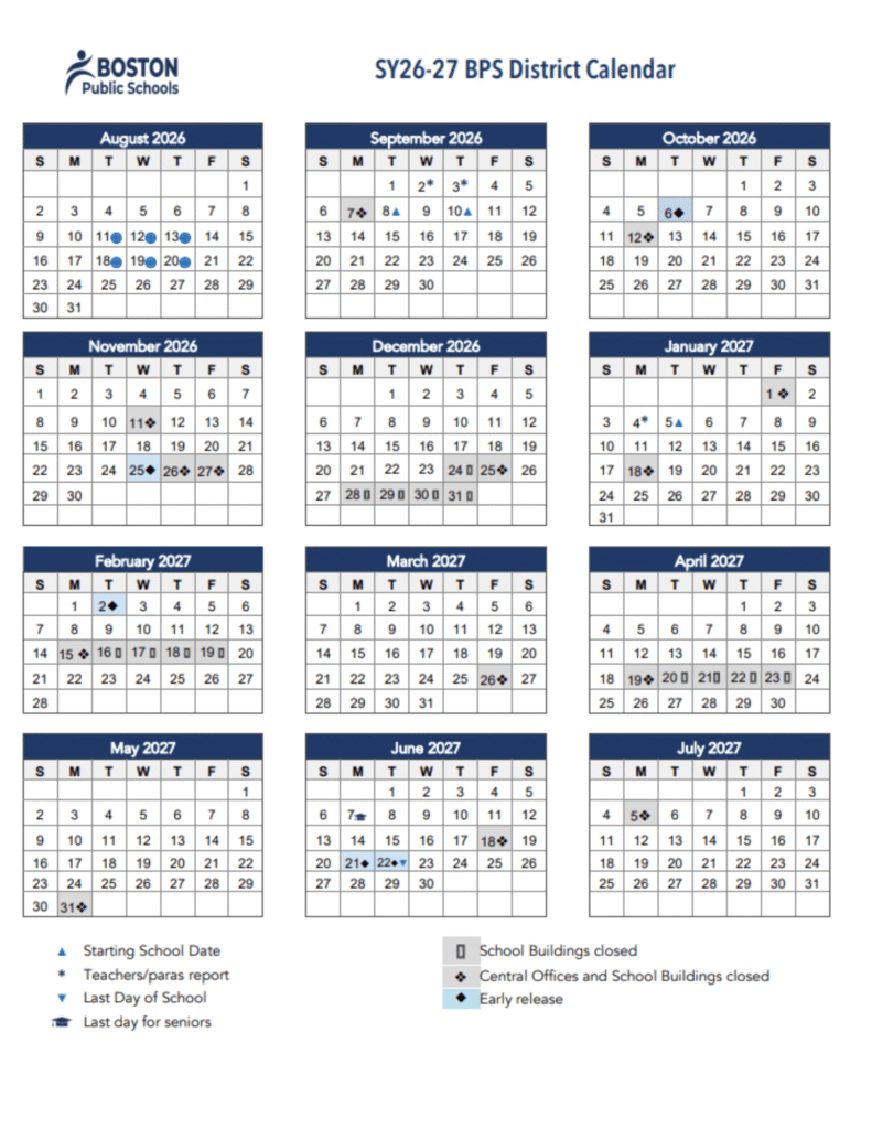 Boston Public School District Calendar 2026–2027 | Printable PDF
