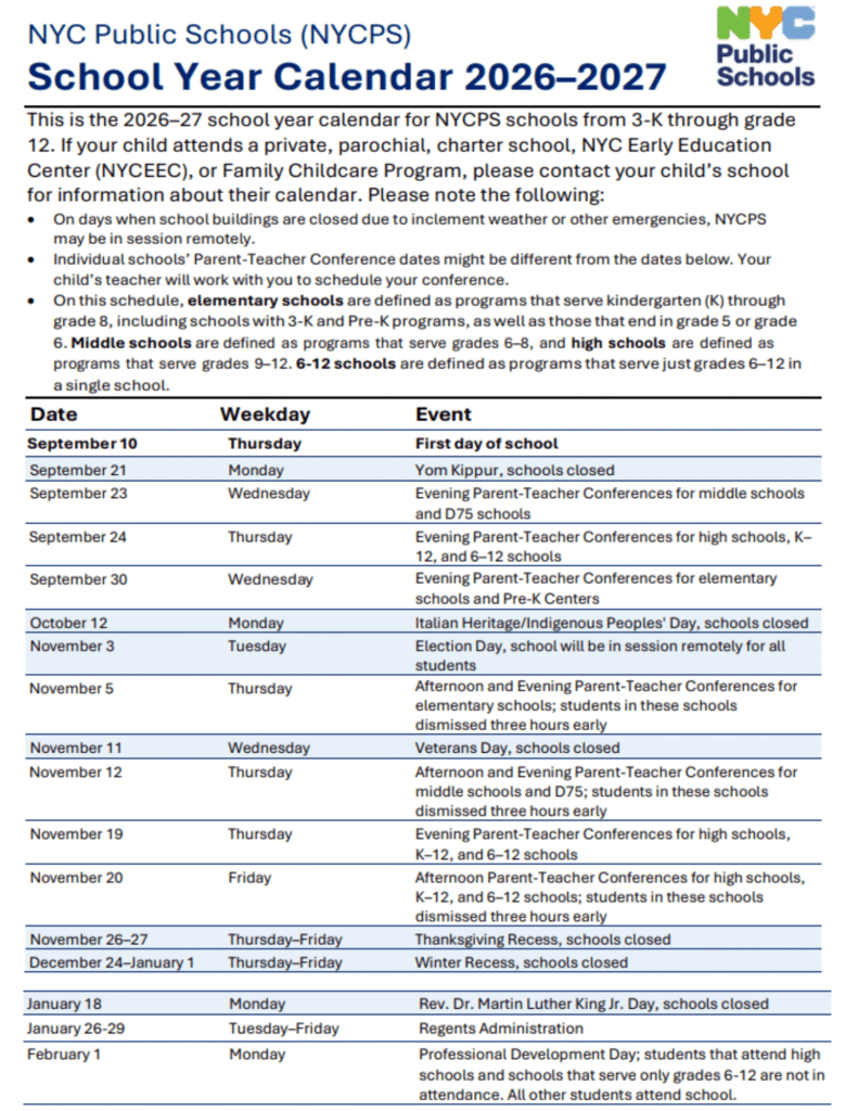 At-a-Glance Summary: NYC Public Schools 2026-2027