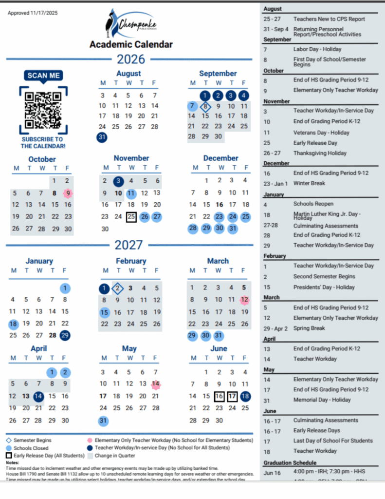 Chesapeake Public School Calendar 2026-2027 | Printable PDF
