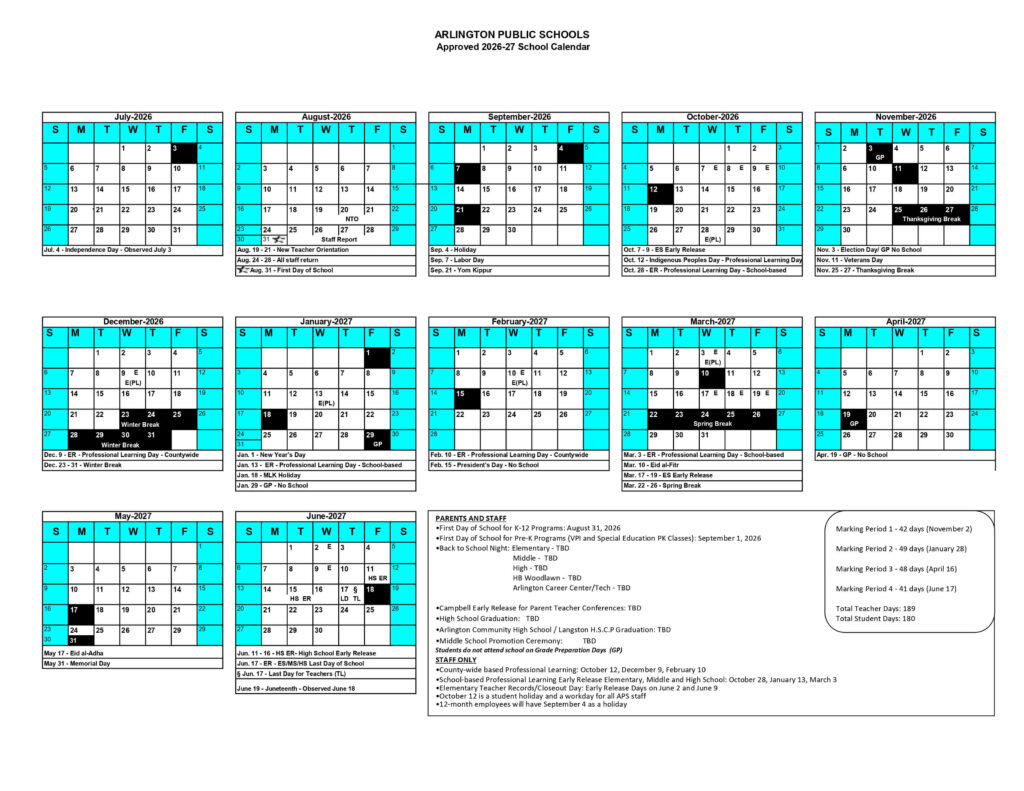 Arlington Public School Calendar 2026-2027 | Printable PDF