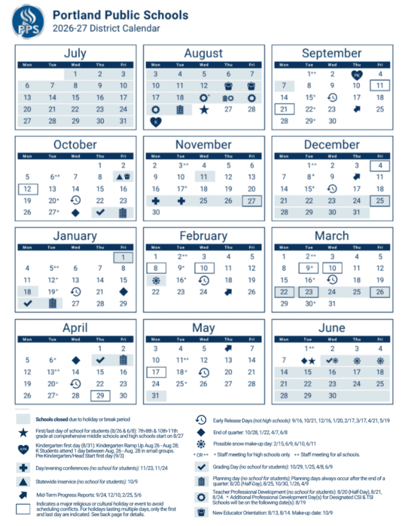 Portland Public School District Calendar 2026-2027 | Printable PDF