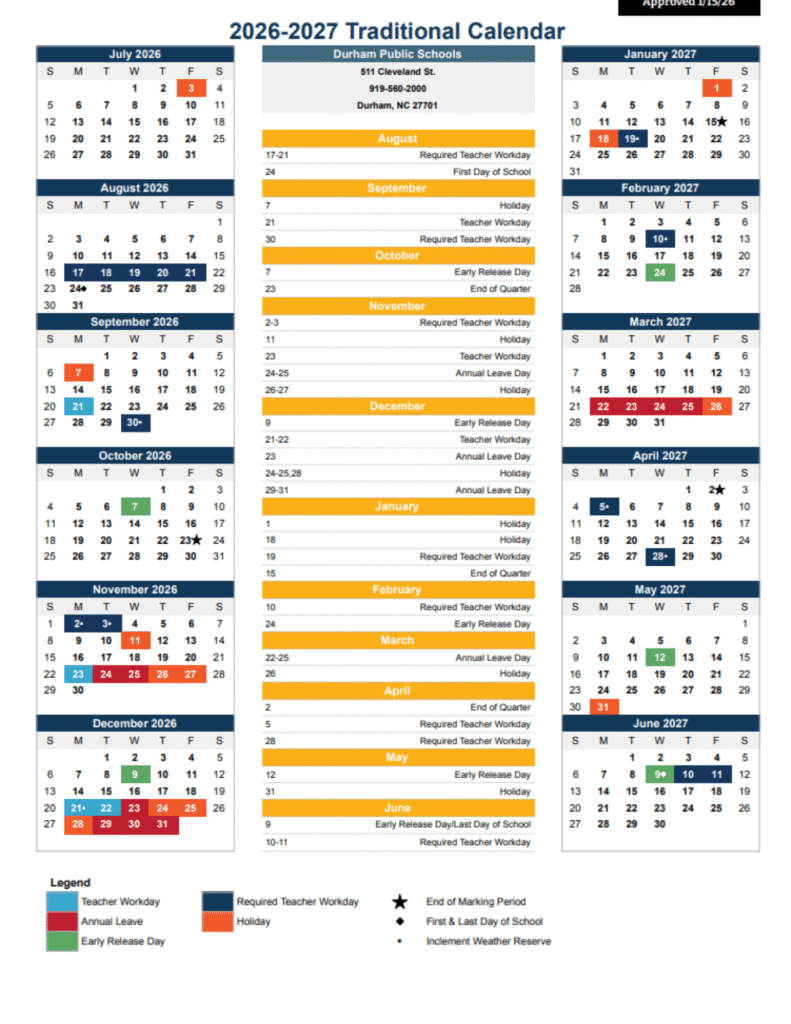 Durham Public School District Calendar 2026-2027 | Printable PDF