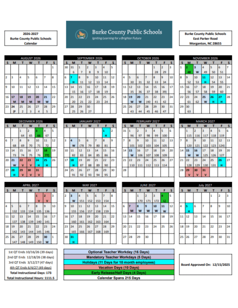 Burke County Public School District Calendar 2026-2027 | Printable PDF
