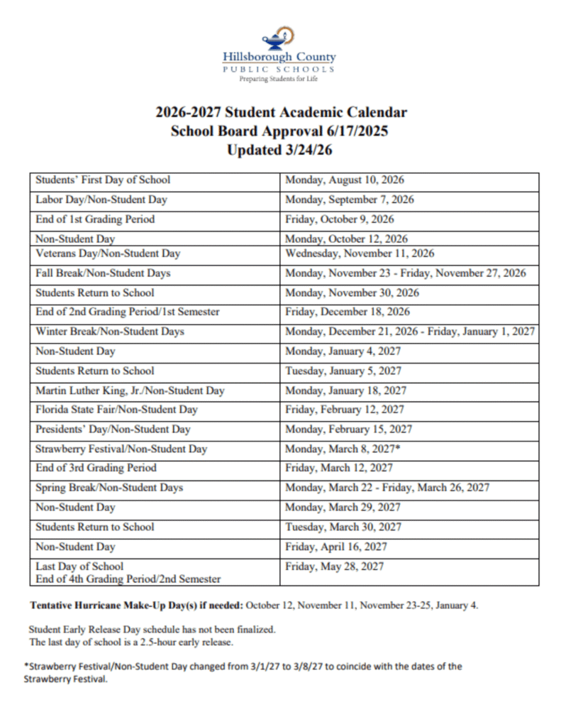 Hillsborough County Public School Calendar 2026-2027 | Printable PDF
