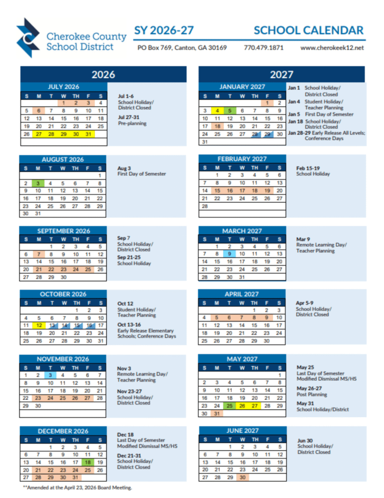 Cherokee County School District Calendar 2026–2027 | Printable PDF