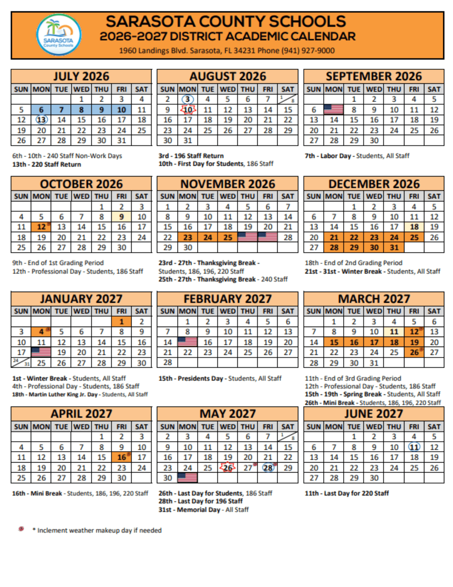 Sarasota County School Calendar 2026–2027 | Printable PDF