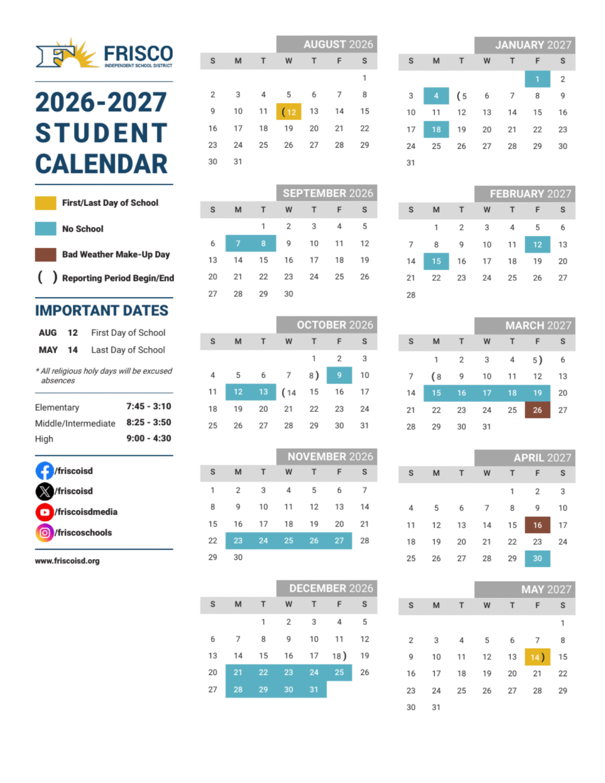 Frisco ISD Calendar 2026-2027 | Printable PDF