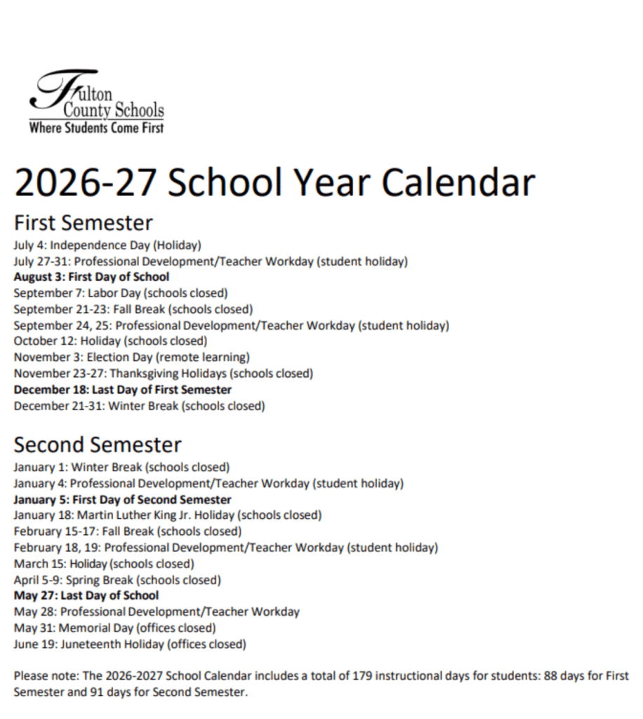Fulton County Public School Calendar 2026-2027 | Printable PDF