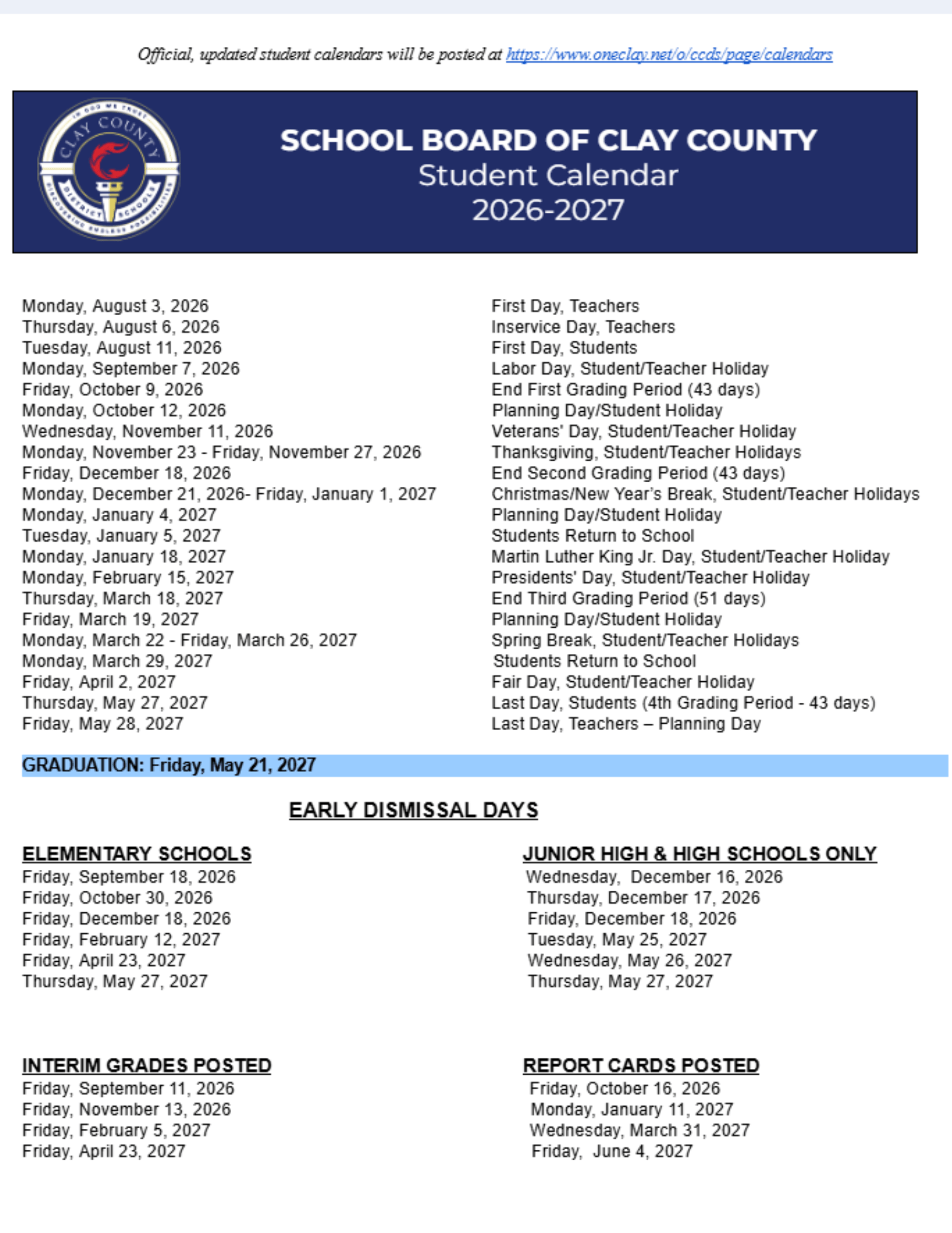 Clay County District Schools Calendar 2026-2027 | Printable PDF
