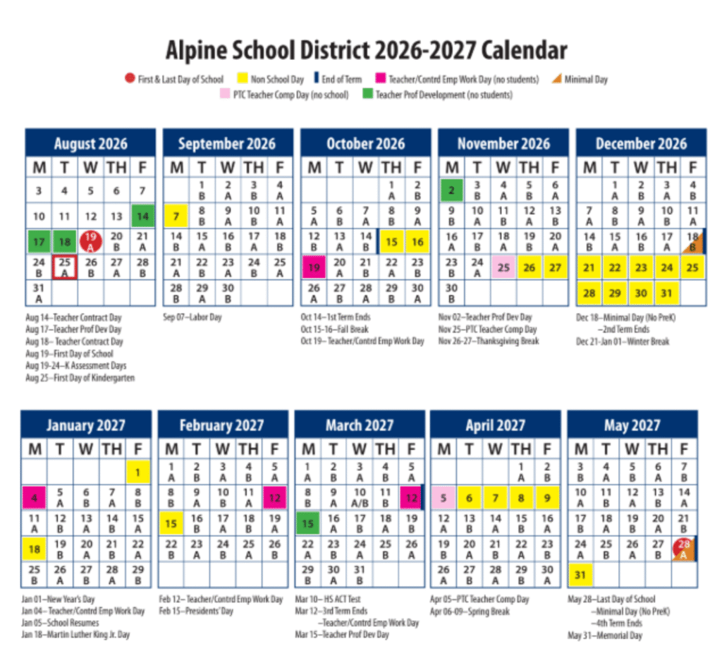 Alpine School District Calendar 2026–2027 Schedule | Printable PDF