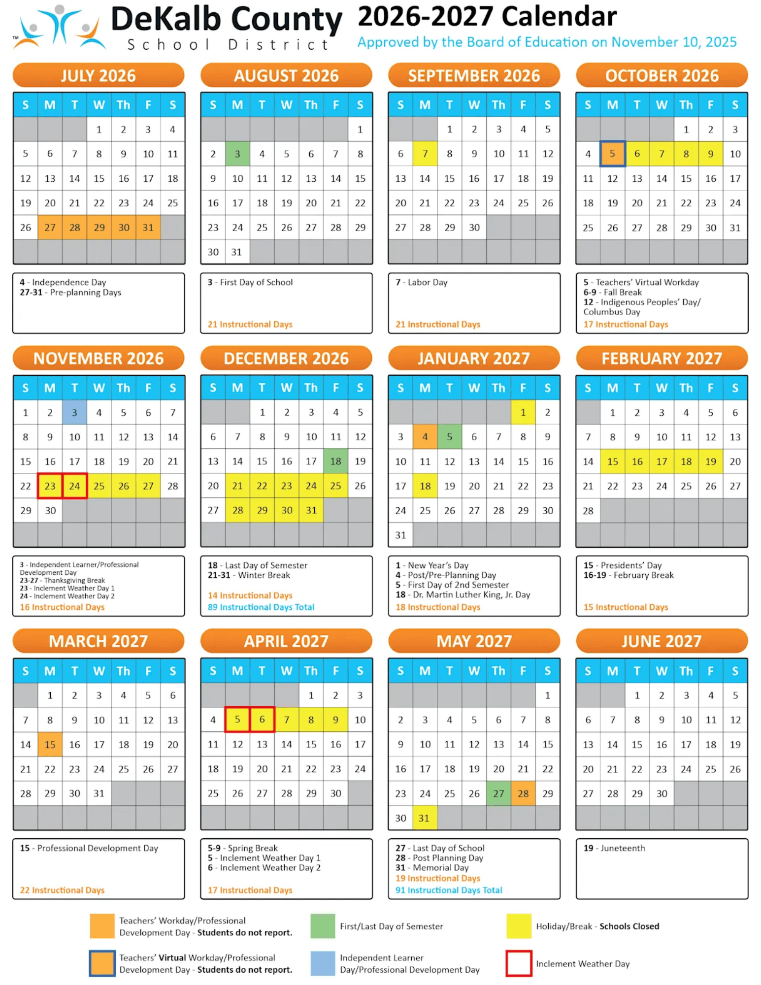 DeKalb County School District Calendar 2026-2027 | Printable PDF