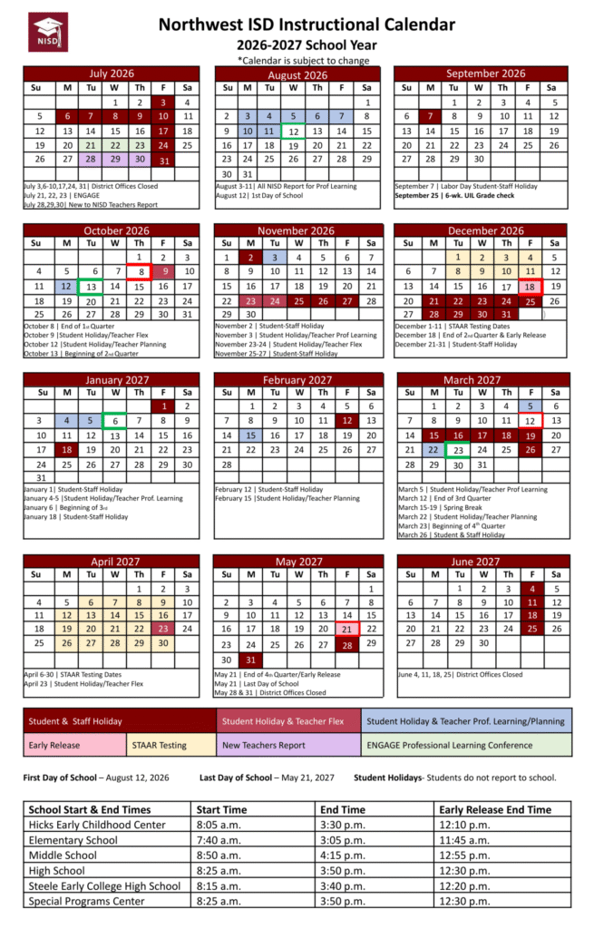 Northwest ISD Calendar 2026-2027 | Printable PDF