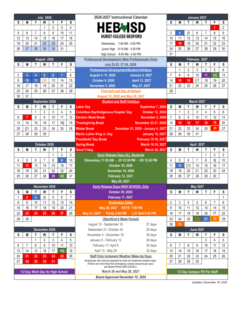 HEB ISD Calendar 2026-2027 | Printable PDF