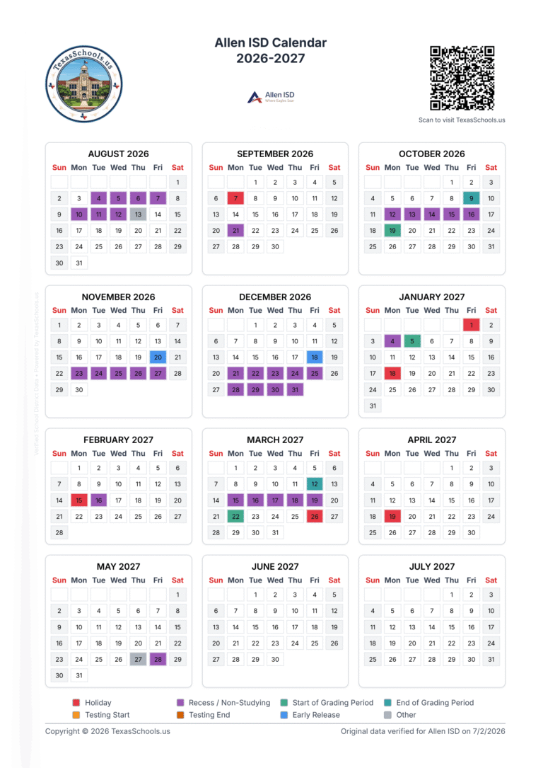 Allen ISD Calendar 2026-2027 | Printable PDF