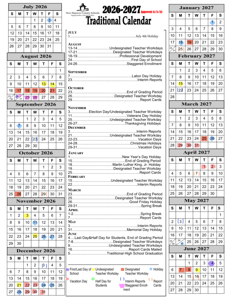 New Hanover County Schools Calendar 2026-2027 | Printable PDF