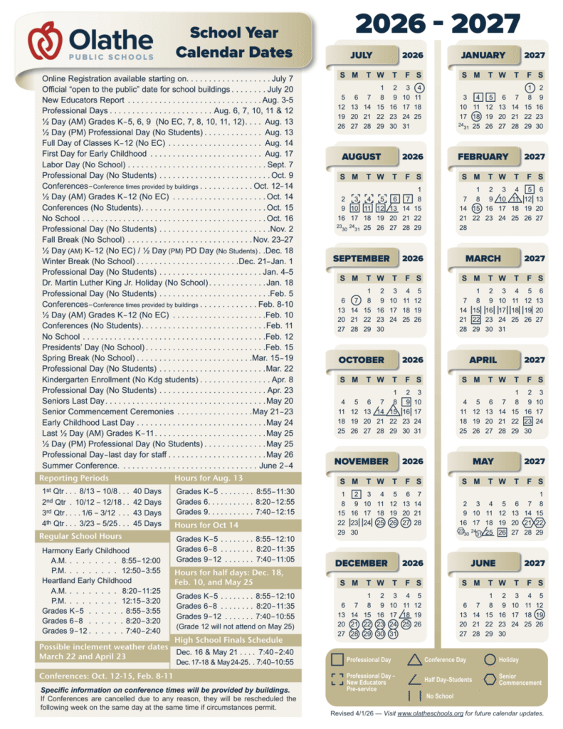 Olathe Public Schools Calendar 2026-2027 | Printable PDF