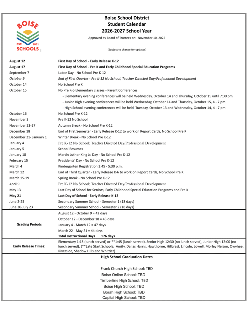 Boise School Calendar 2026-2027 | Printable PDF
