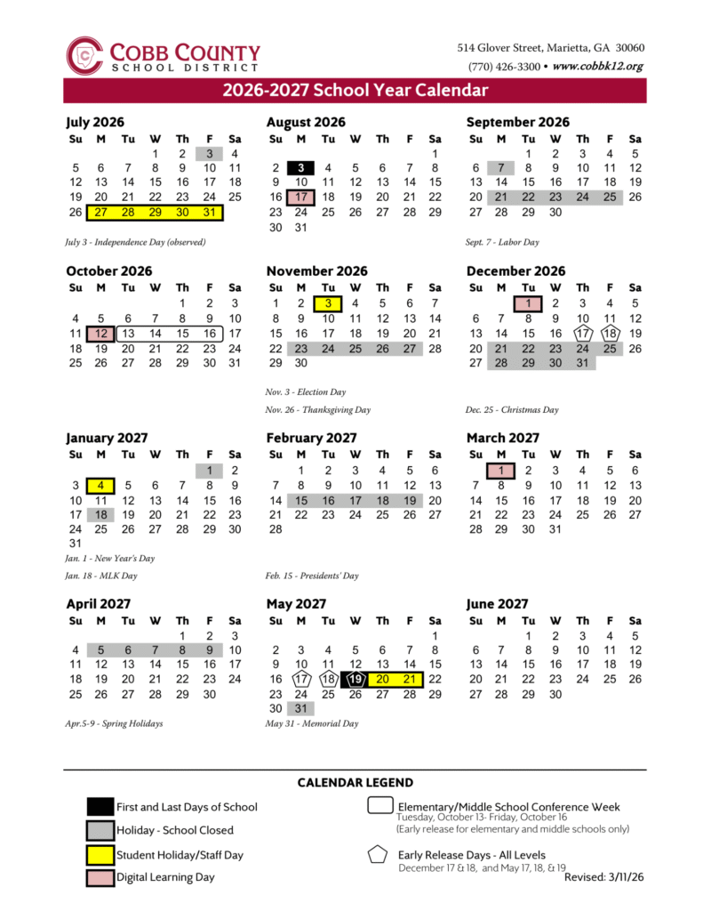 Cobb County School District Calendar 2026-2027 | Printable PDF