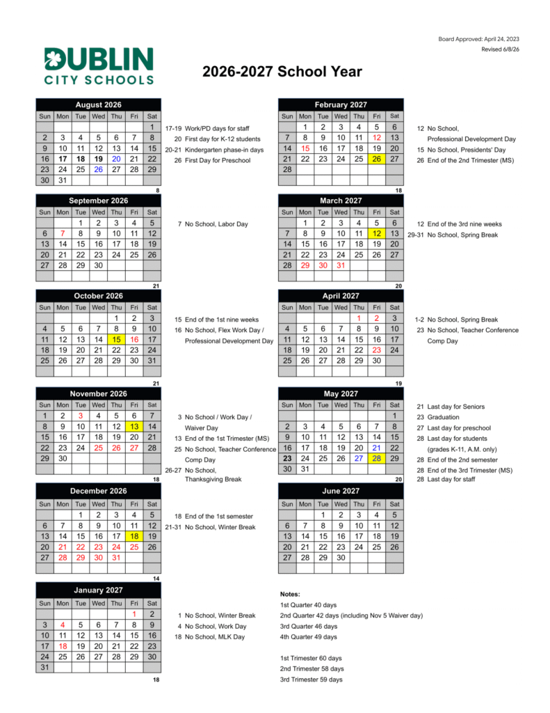 Dublin City Schools Calendar 2026-2027 | Printable PDF