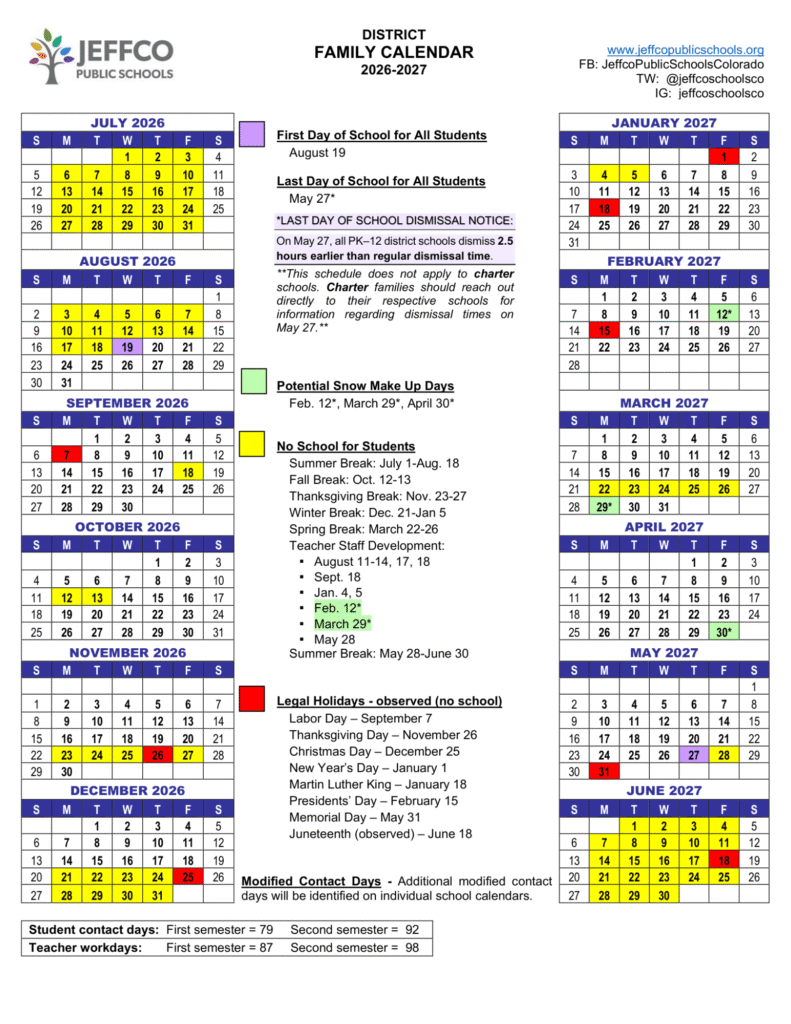 Jeffco Public Schools Calendar 2026-2027 | Printable PDF