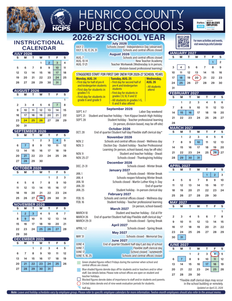 Henrico County Public Schools Calendar 2026-2027 | Printable PDF