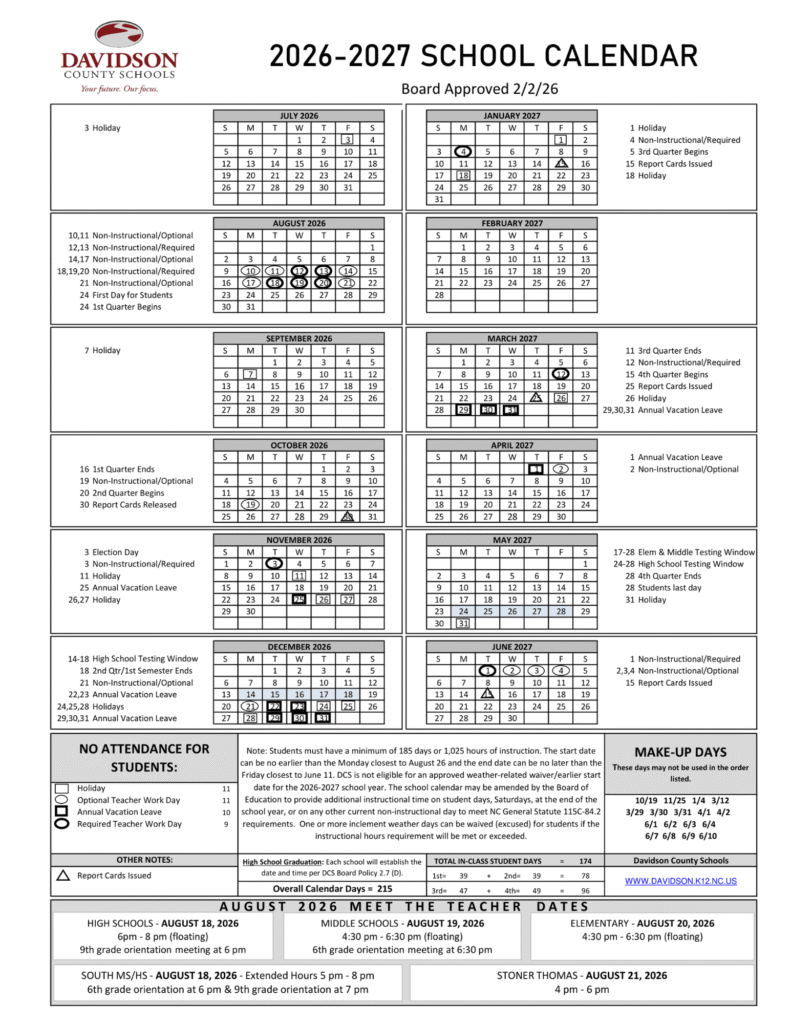 Davidson County Schools Calendar 2026-2027 | Printable PDF