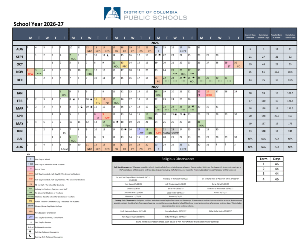 DC Public Schools Calendar 2026-2027 Printable PDF