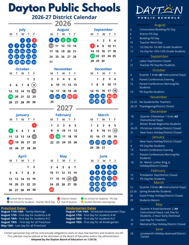 Dayton Public Schools Calendar 2026-2027 | Printable PDF