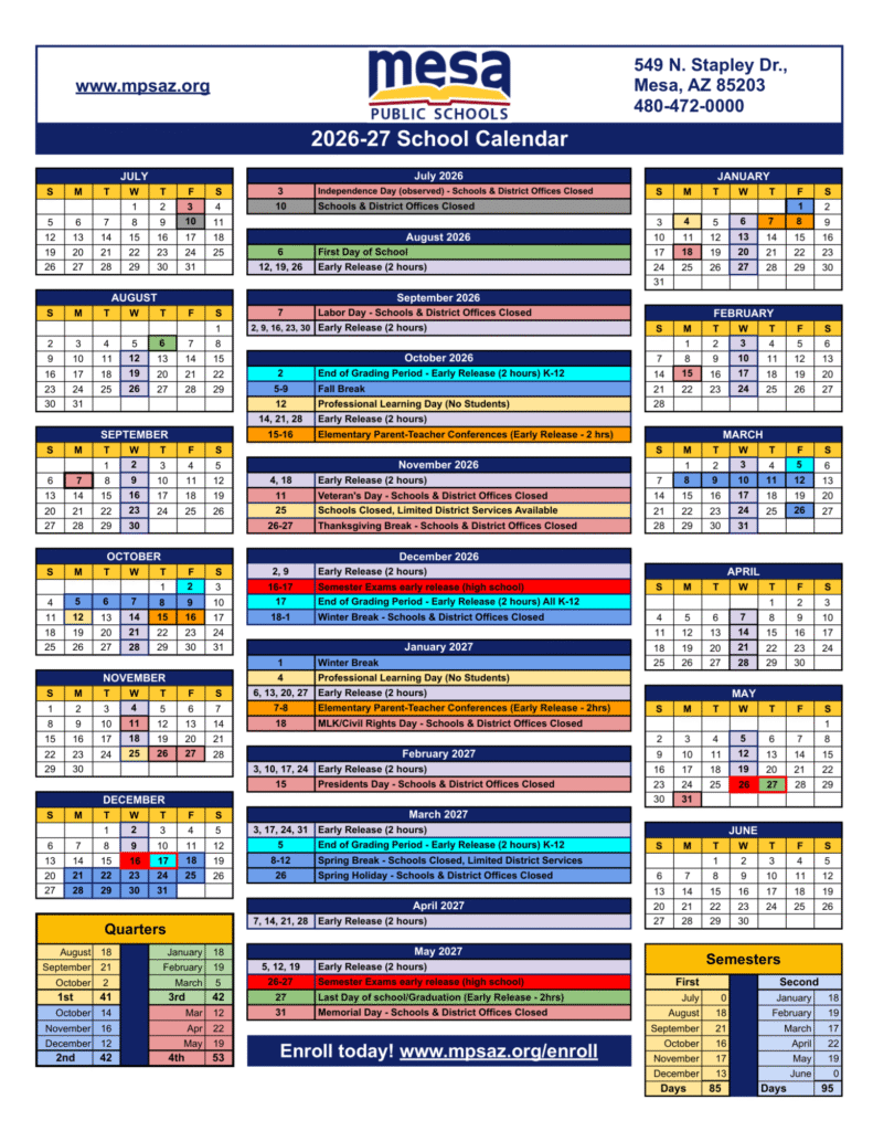 Mesa Schools Calendar 2026-2027 | Printable PDF