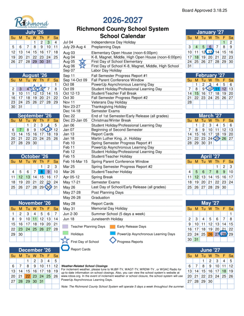 Richmond County Schools Calendar 2026-2027 | Printable PDF