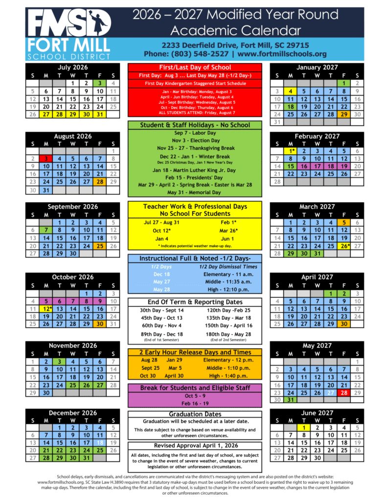 Fort Mill School District Calendar 2026-2027 | Printable PDF