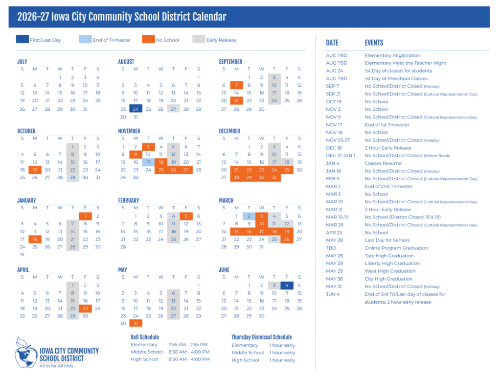 Iowa City Schools Calendar 2026-2027 | Printable PDF