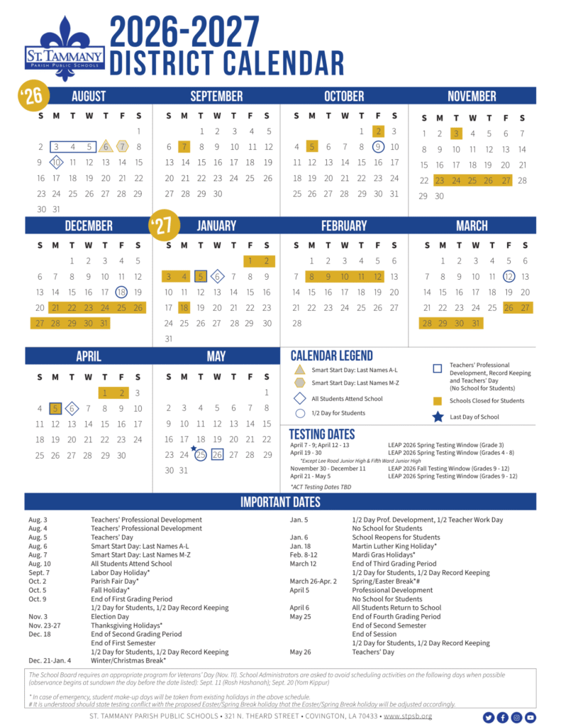 St. Tammany Parish Schools Calendar 2026-2027 | Printable PDF