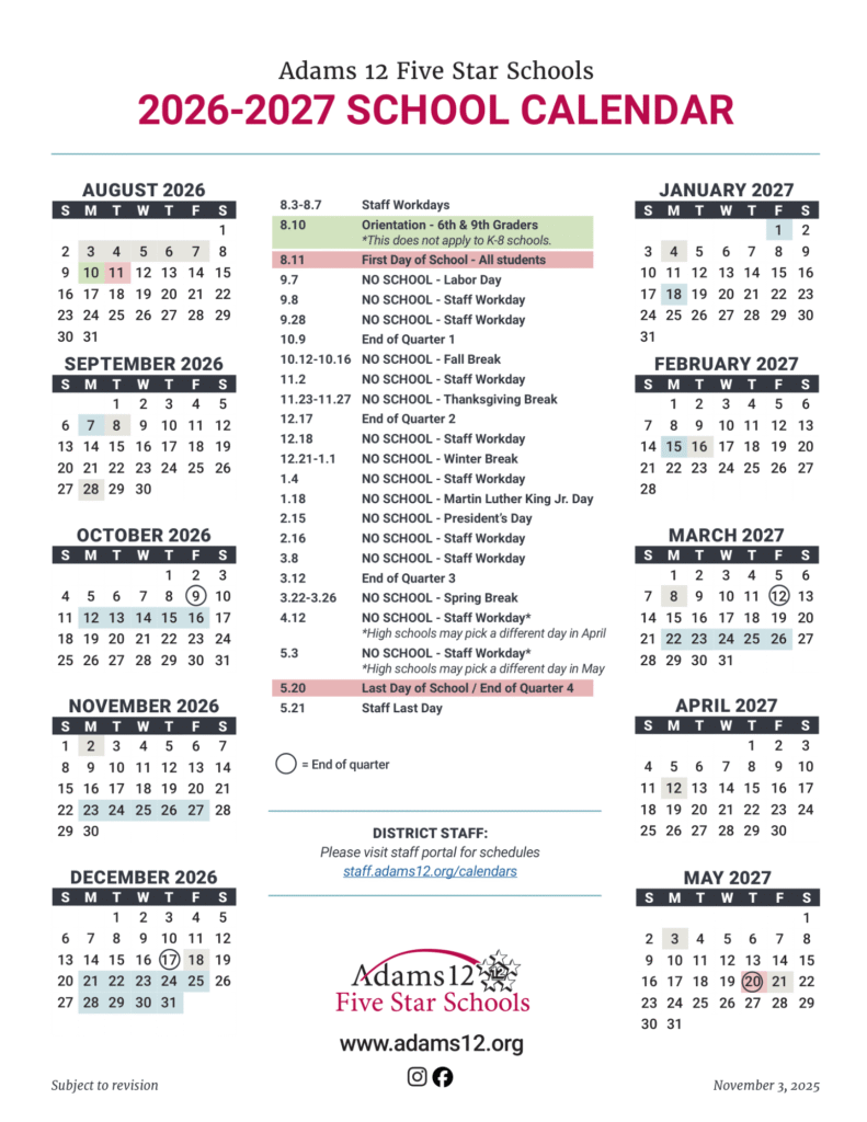 Adams 12 Five Star Schools Calendar 2026-2027 | Printable PDF