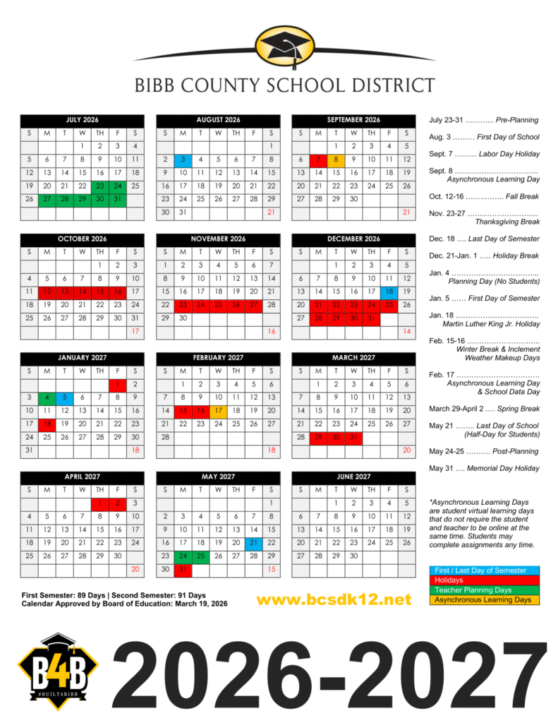 Bibb County Schools Calendar 2026-2027 | Printable PDF