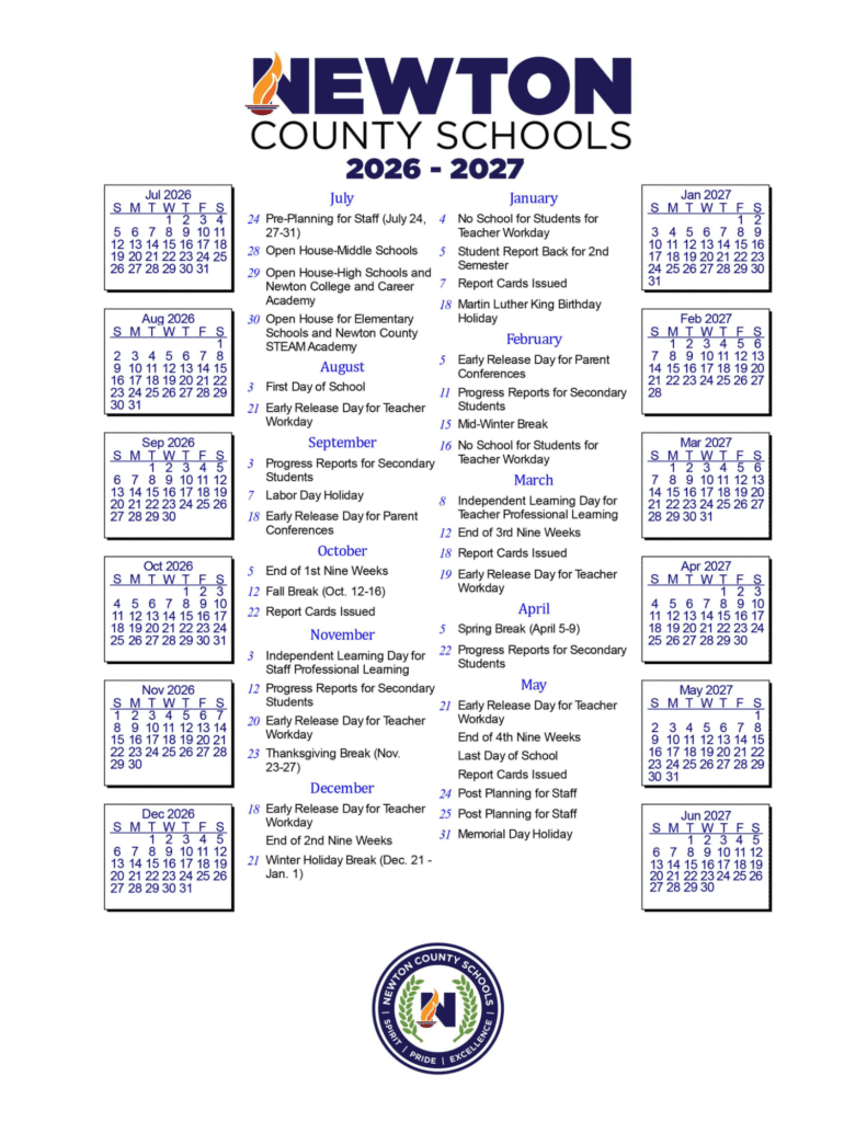 Newton County Schools Calendar 2026-2027 | Printable PDF
