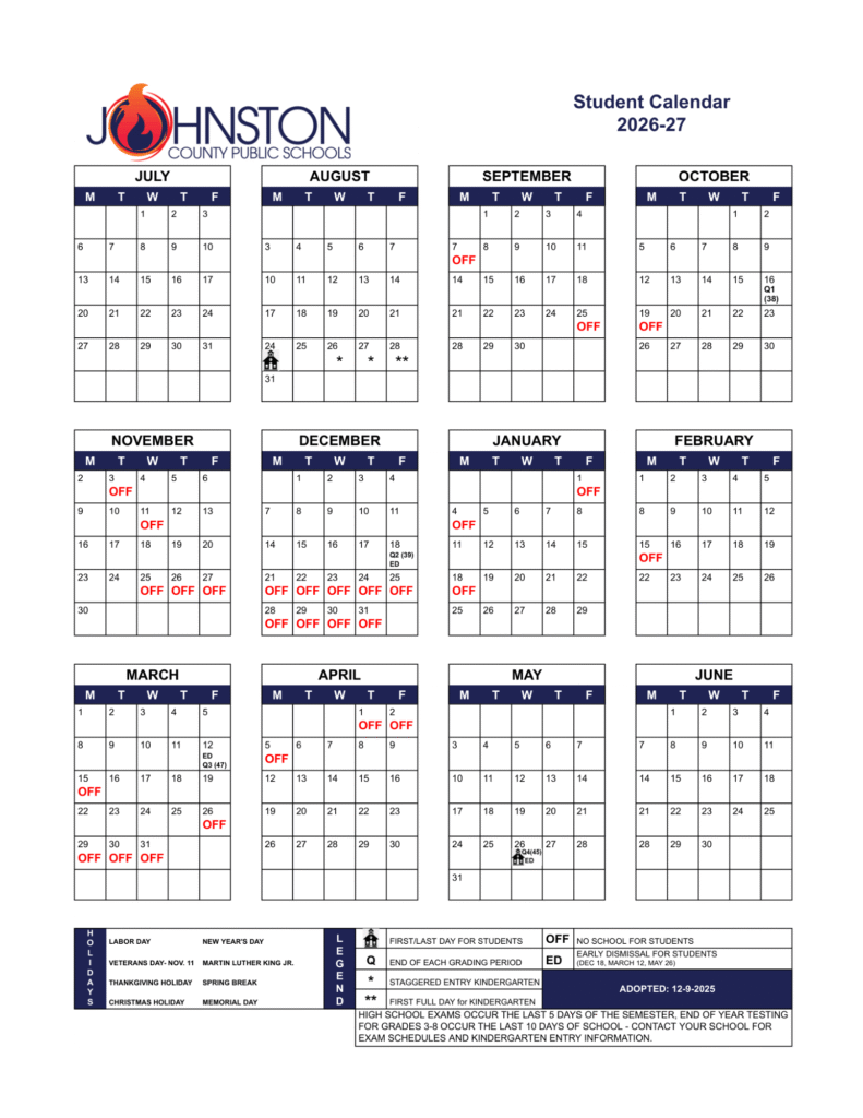 Johnston County Public Schools Calendar 2026-2027 | Printable PDF